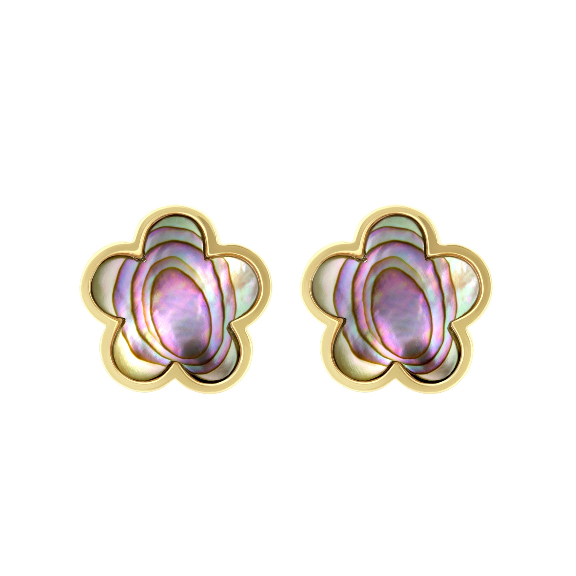 Natural Daisy Earring; gold-tone flower frame with iridescent purple-green shell inlay on Tampa Home & Garden Store