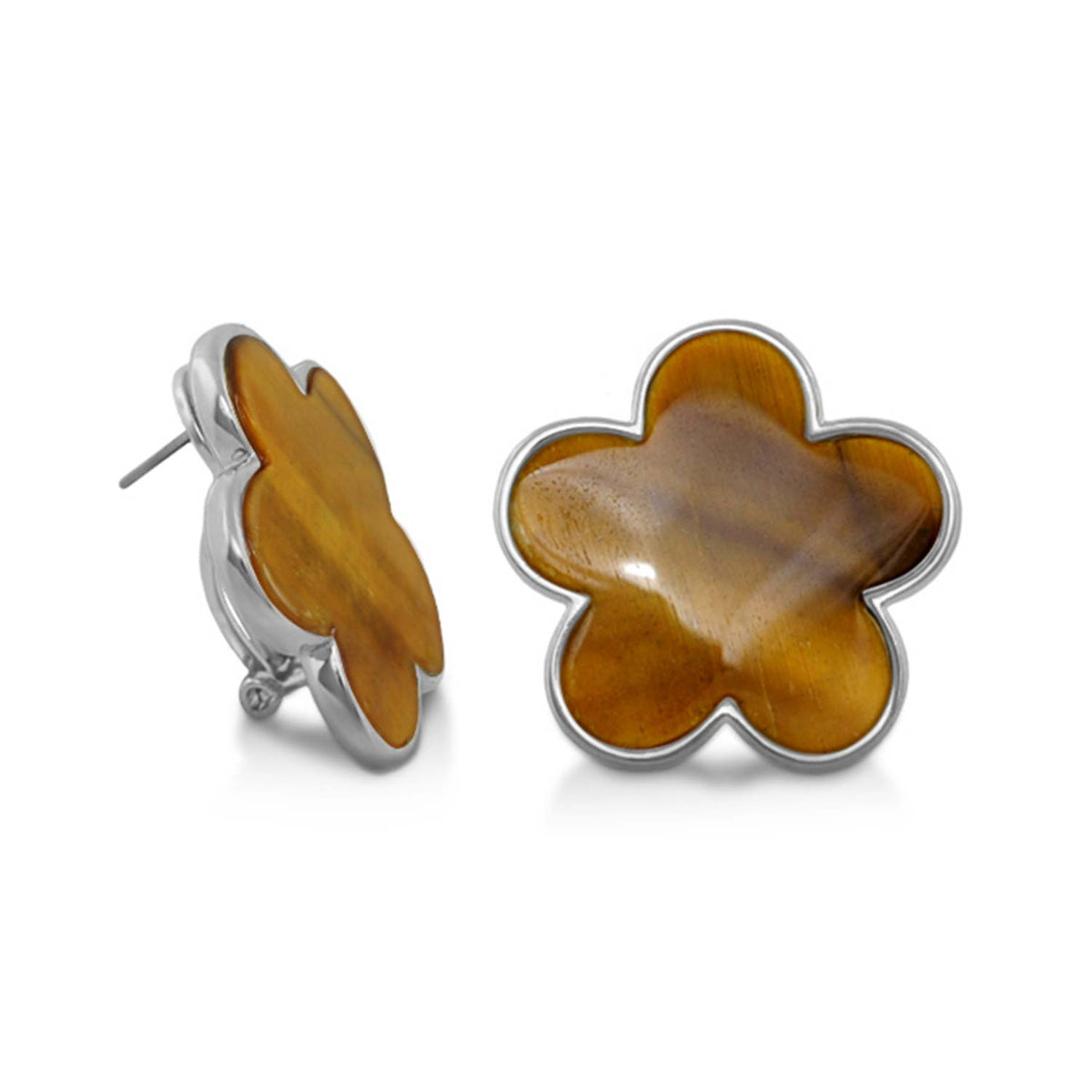Natural Daisy Button Earrings pair by Lauren G Adams in brown tiger's eye with silver setting on Tampa Home & Garden Store