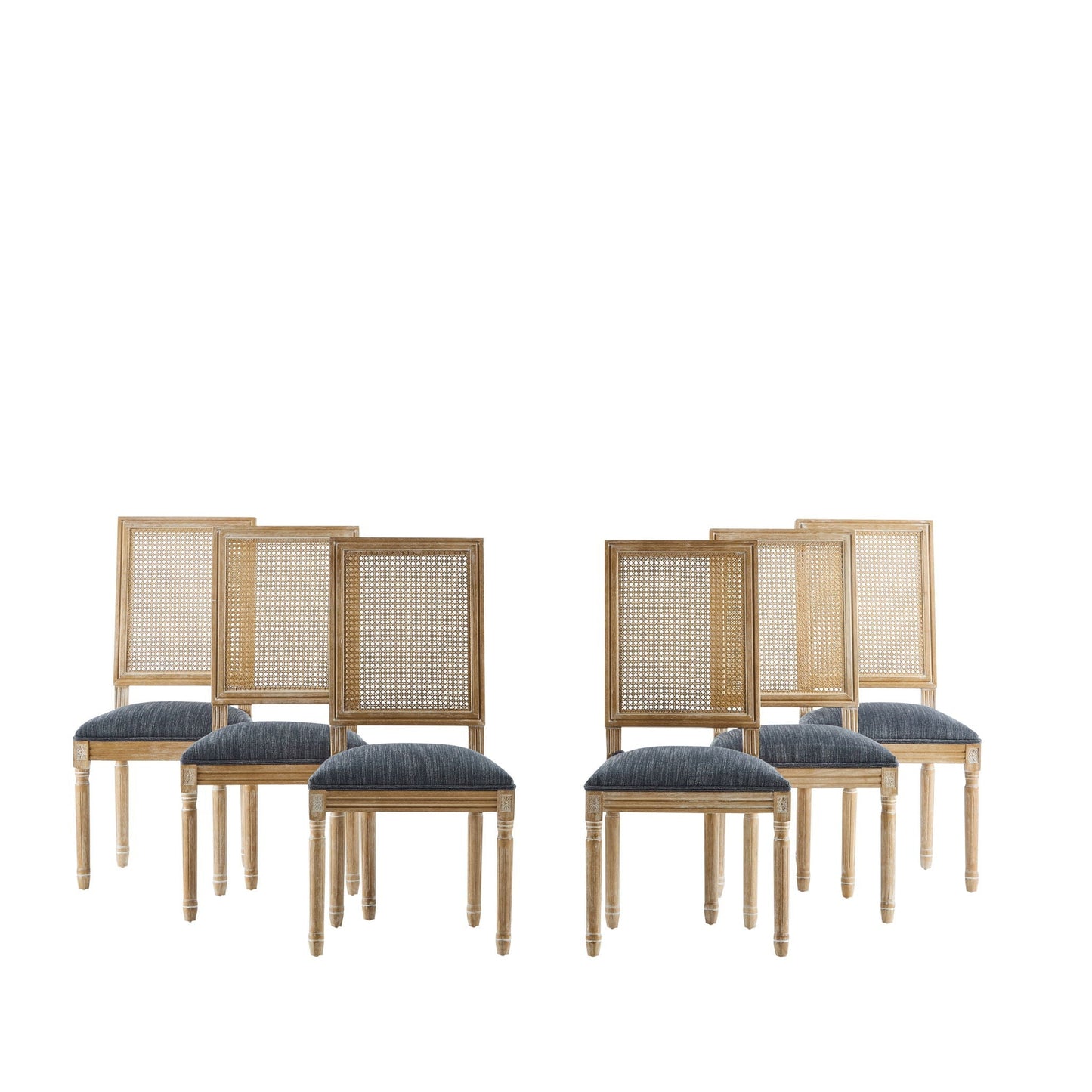 French Country dining chairs with rectangular cane backs and upholstered blue seats, group on Tampa Home & Garden Store