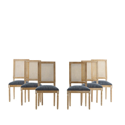 French Country dining chairs with rectangular cane backs and upholstered blue seats, group on Tampa Home & Garden Store