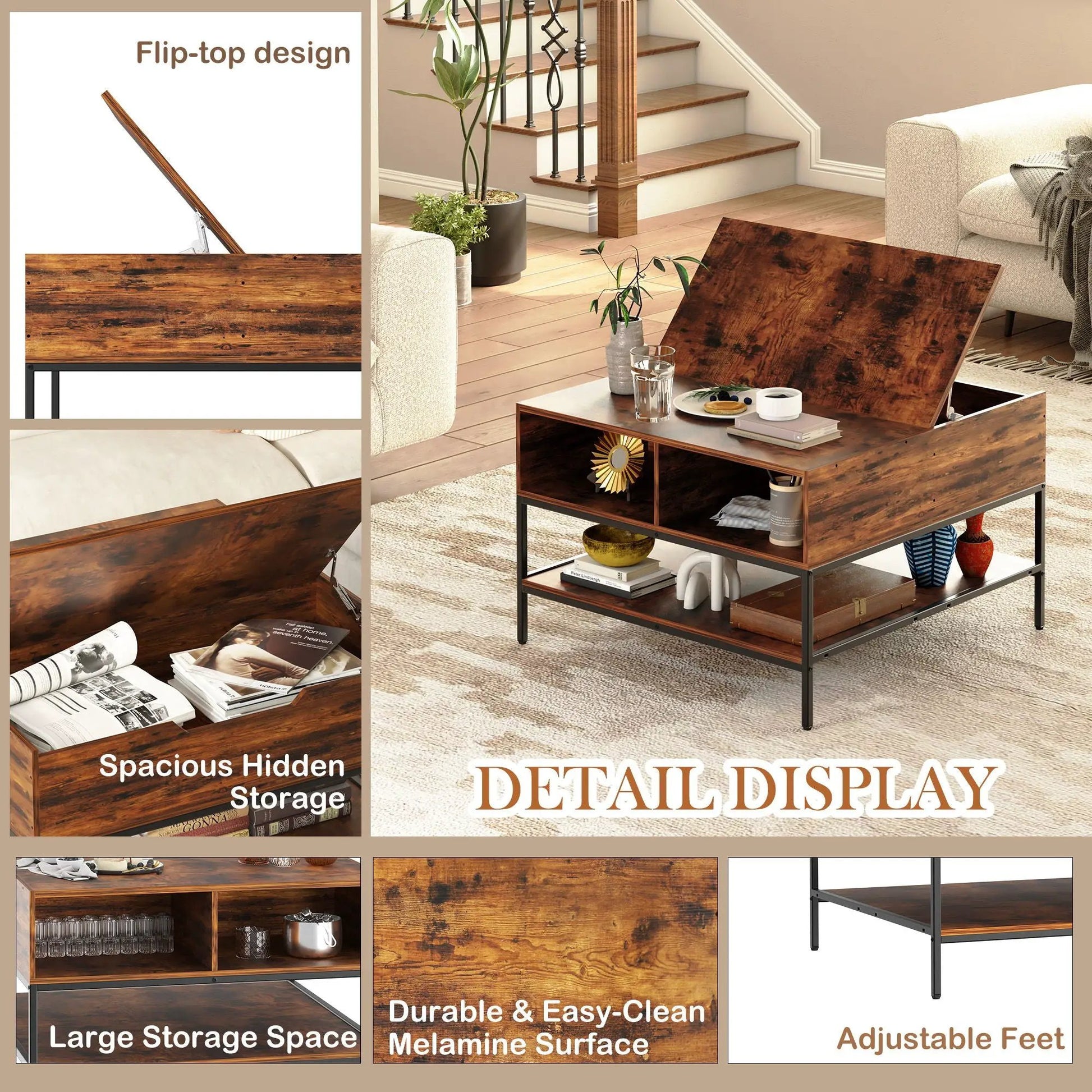 Rustic flip-top coffee table with hidden storage in black brown finish by Unique Piece Furniture on Tampa Home & Garden Store