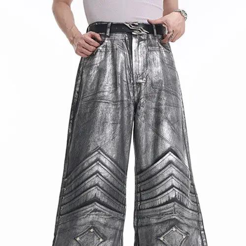 Design Dark Knight Wide-leg Pants metallic silver with chevron-stitched panels and belted waist on Tampa Home & Garden Store