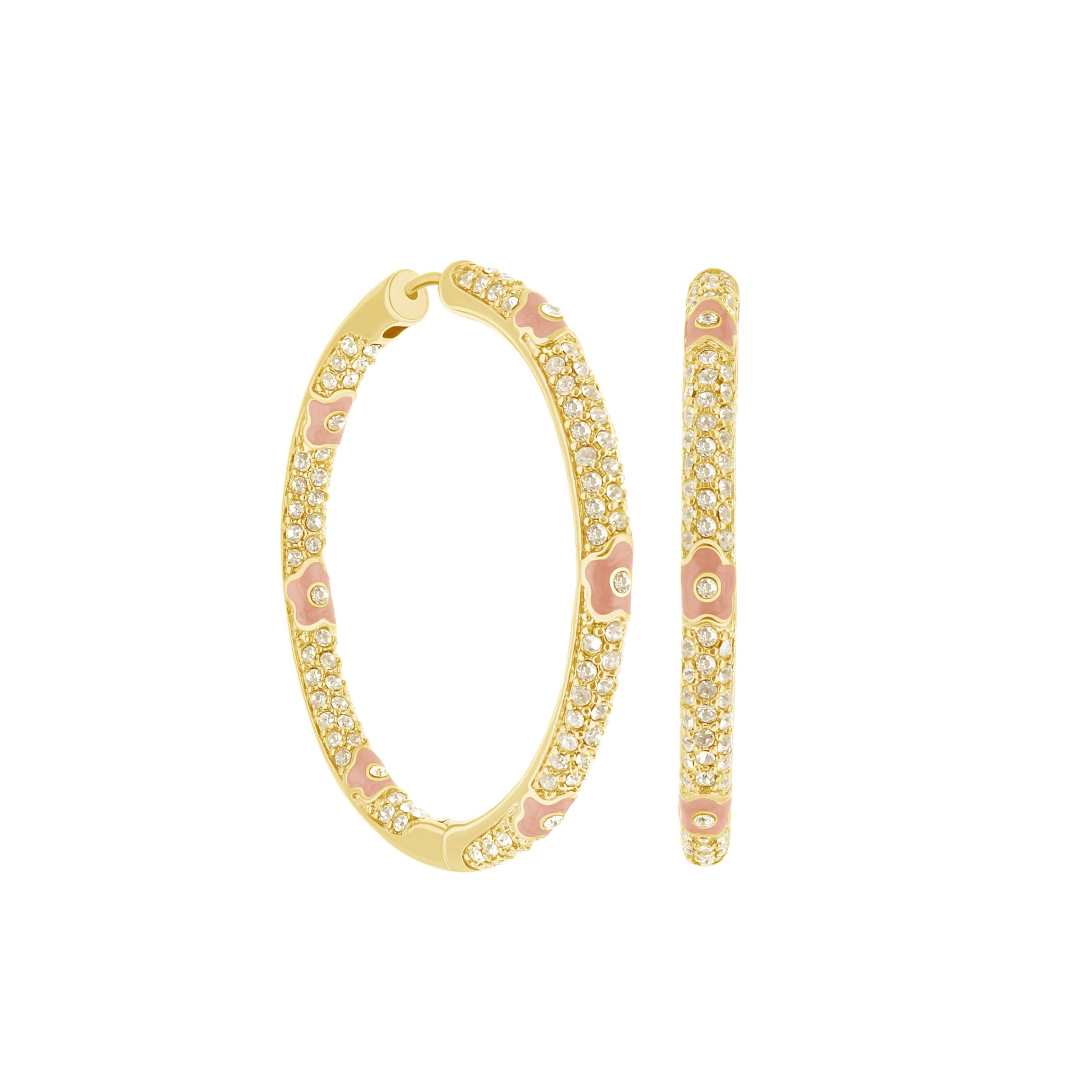 Lauren G Adams gold-tone pave hoop earrings with pink enamel flower accents on Tampa Home & Garden Store