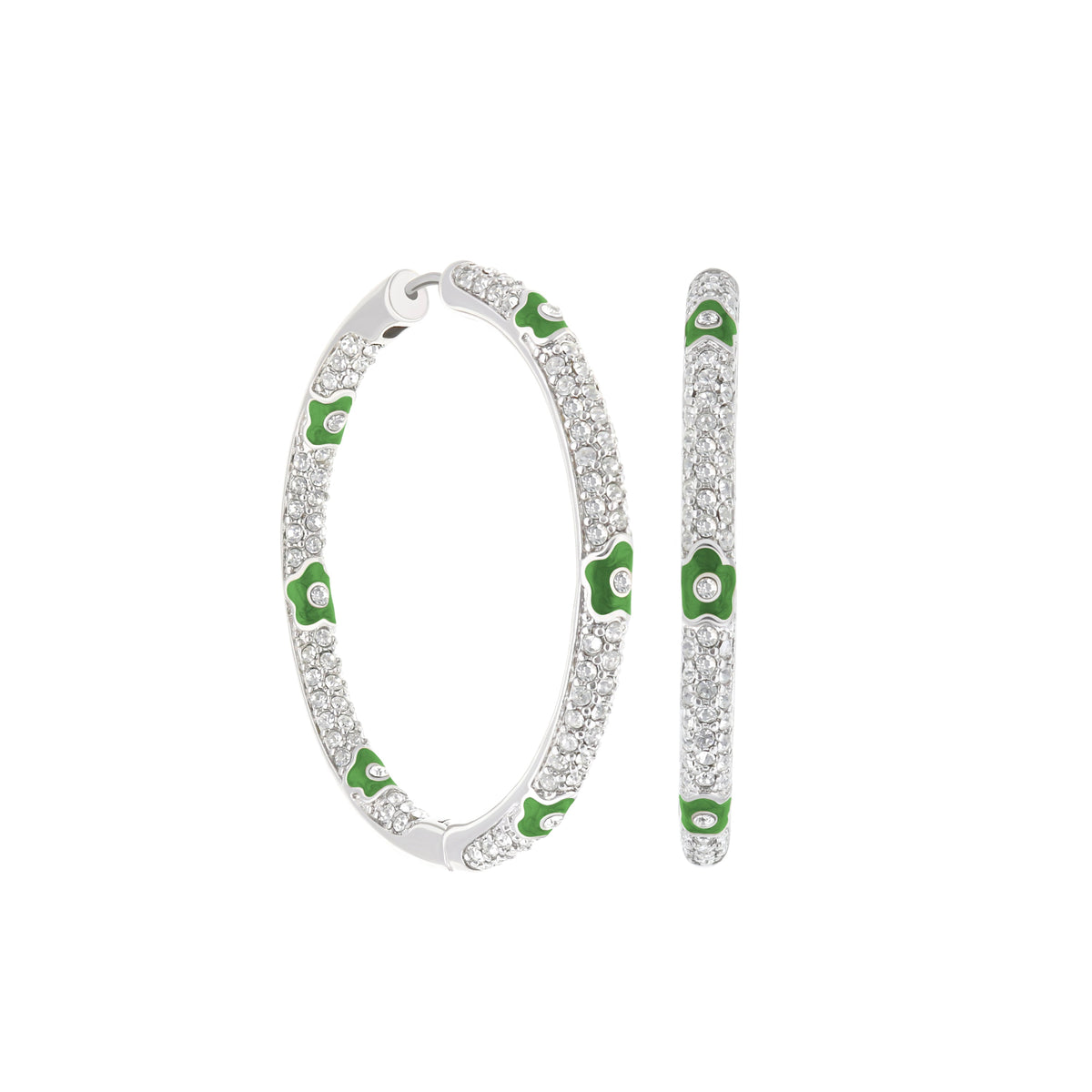 Pave Hoop Earrings Enamel Flower set 3 by Lauren G Adams, silver pavé hoops with green enamel on Tampa Home & Garden Store