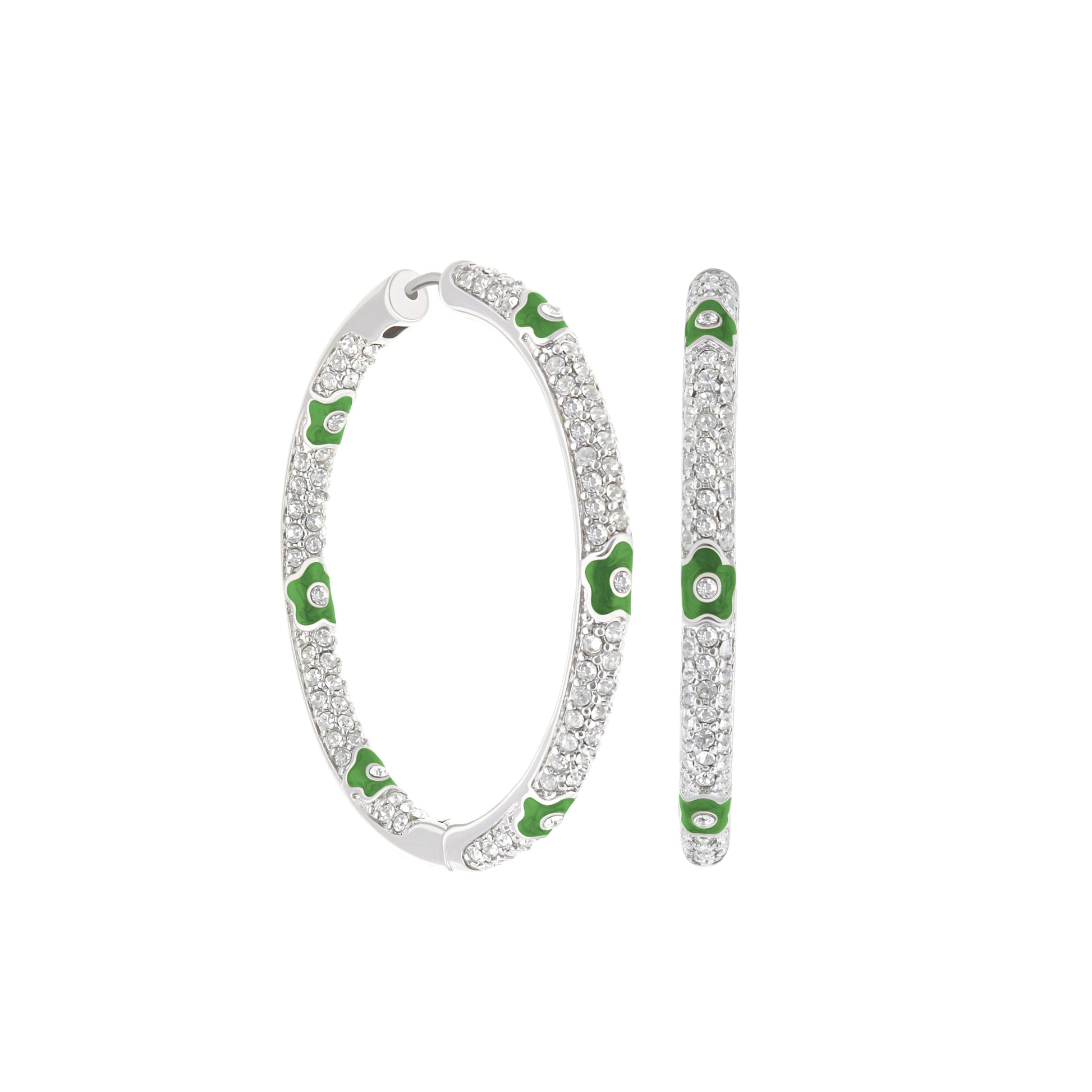 Pave Hoop Earrings Enamel Flower set 3 by Lauren G Adams, silver pavé hoops with green enamel on Tampa Home & Garden Store