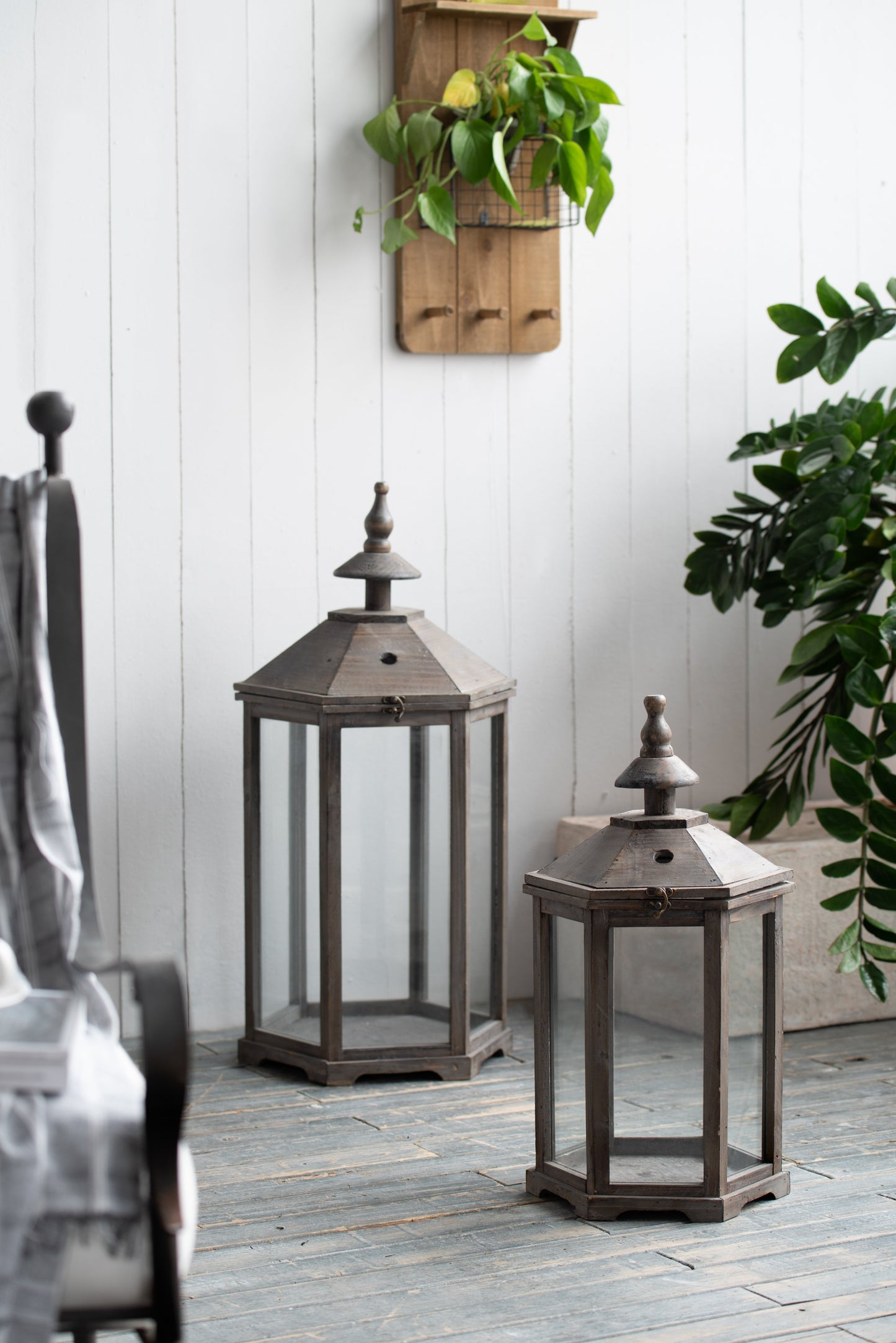 S/2 Graca Polygon Temple Garden Lanterns set of 2 metal grey lanterns with glass panels on Tampa Home & Garden Store