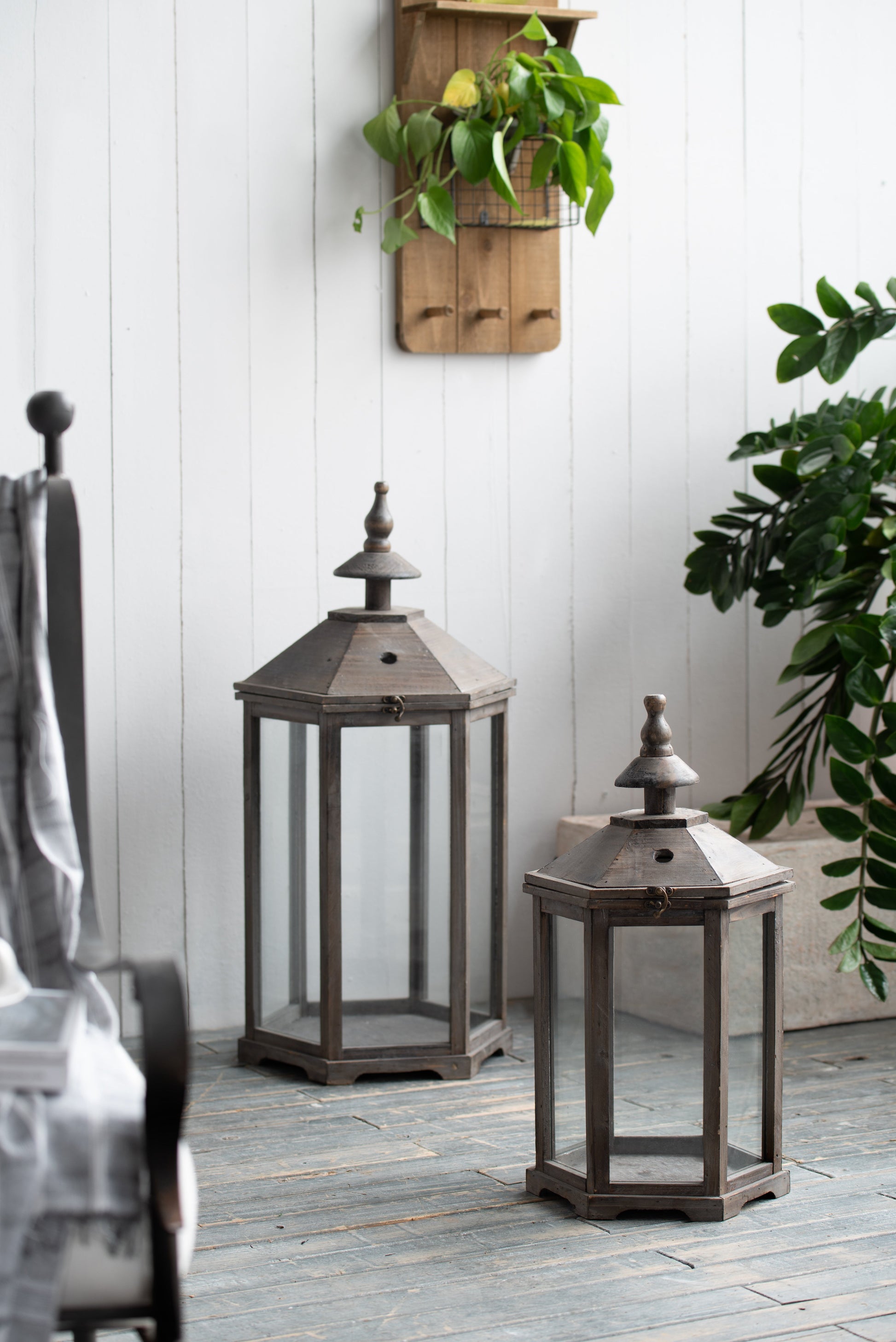 S/2 Graca Polygon Temple Garden Lanterns set of 2 metal grey lanterns with glass panels on Tampa Home & Garden Store