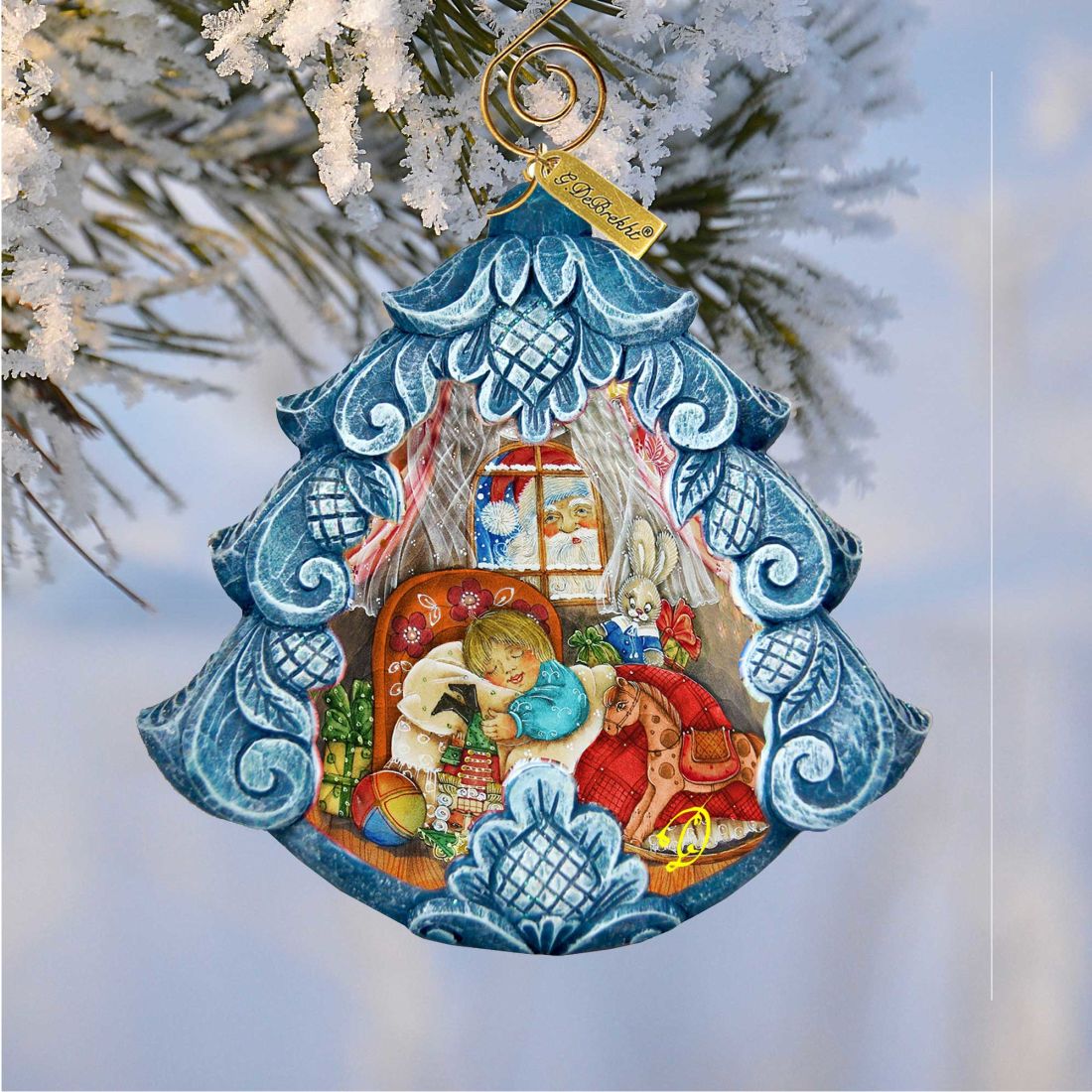 Night Before Hand-Painted Christmas Tree Ornament by G.DeBrekht, blue frame with scene on Tampa Home & Garden Store