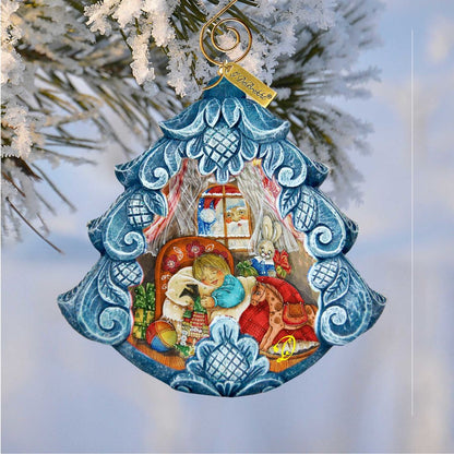 Night Before Hand-Painted Christmas Tree Ornament by G.DeBrekht, blue frame with scene on Tampa Home & Garden Store