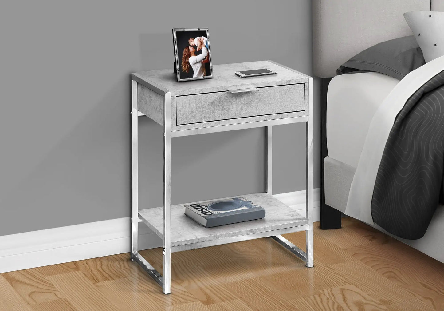Accent Side Table silver metal finish with storage drawer and lower shelf Unique Piece Furniture on Tampa Home & Garden Store