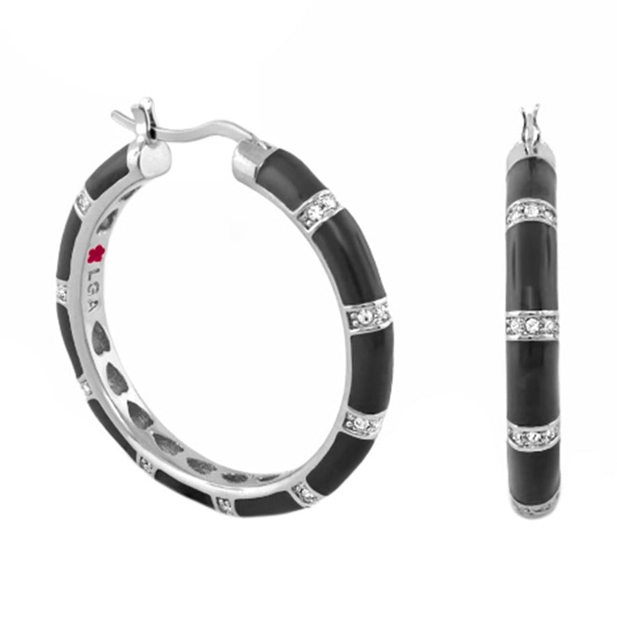 Santa Barbara earrings by Lauren G Adams, black enamel hoop with silver-tone crystal bands on Tampa Home & Garden Store