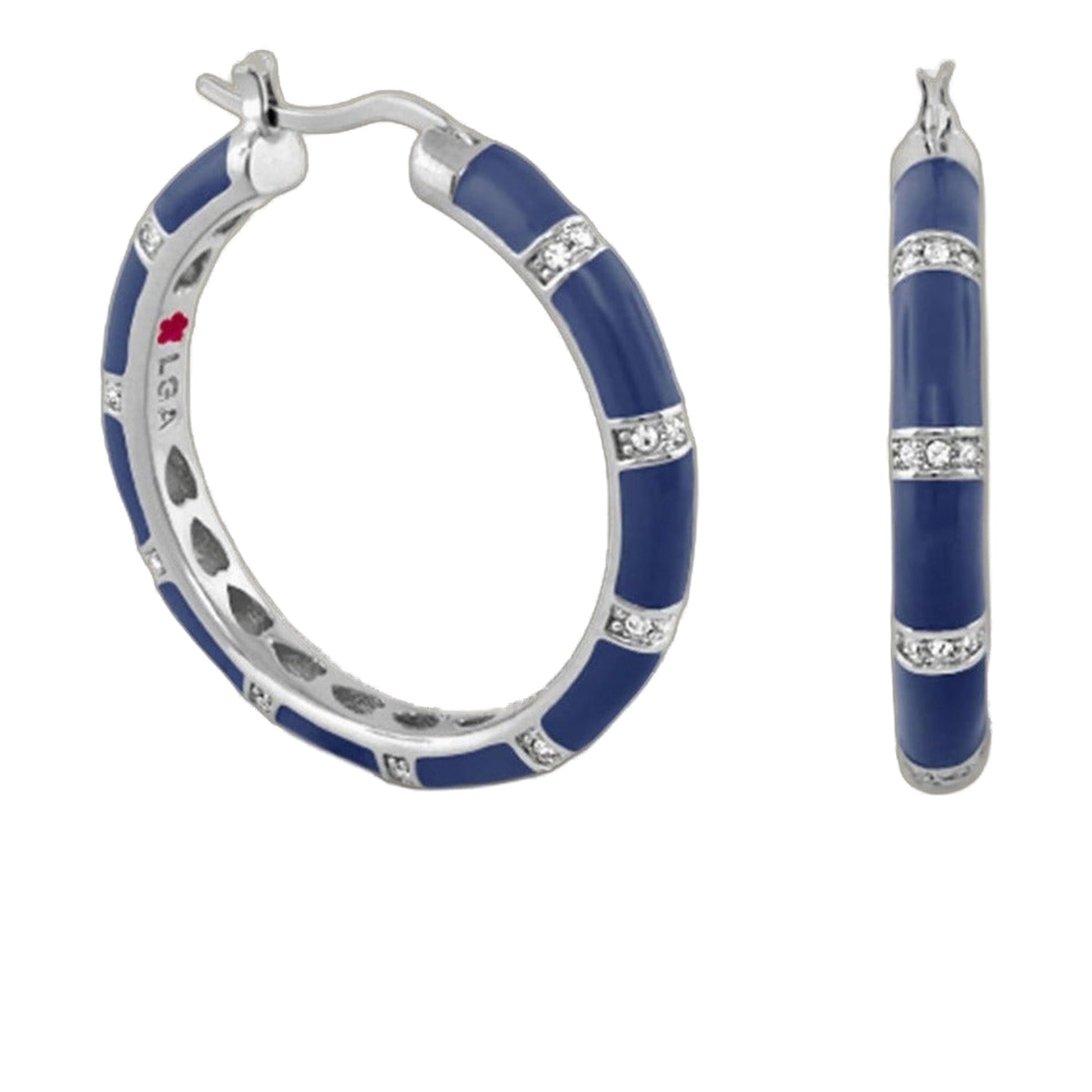 Santa Barbara earrings by Lauren G Adams, blue enamel hoops with pave diamonds on sterling silver on Tampa Home & Garden Store
