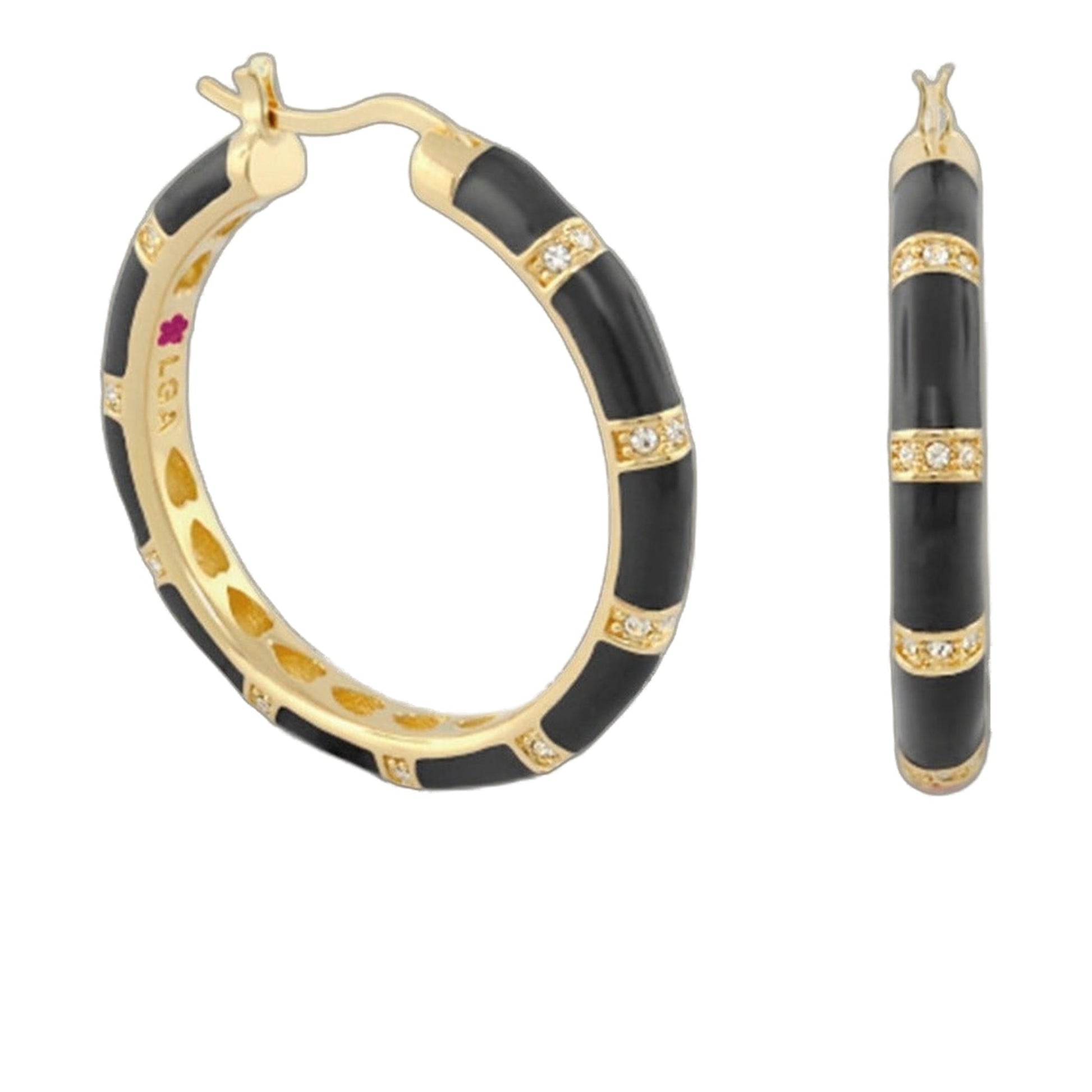 Santa Barbara Earrings by Lauren G Adams, black enamel hoop with diamond accents in gold on Tampa Home & Garden Store
