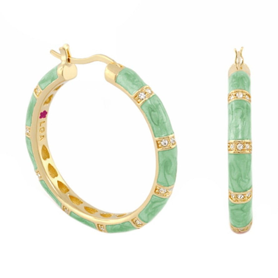 Santa Barbara earrings pair, green jade segments with gold settings and diamond accents on Tampa Home & Garden Store