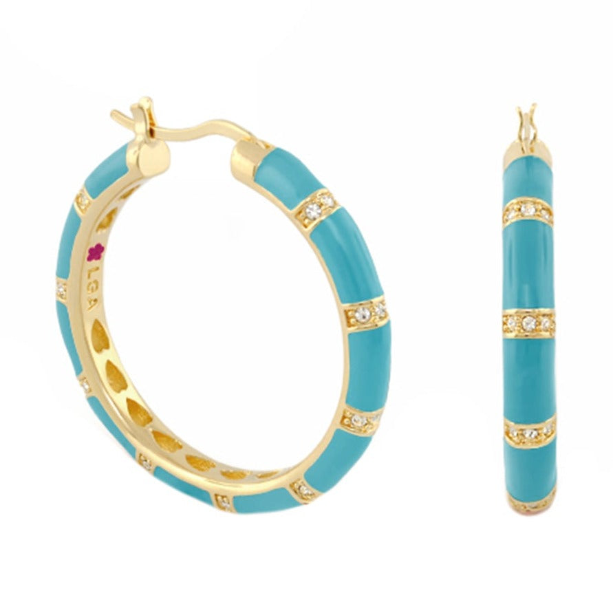 Santa Barbara turquoise enamel hoop earrings by Lauren G Adams with crystal bands in gold-tone on Tampa Home & Garden Store