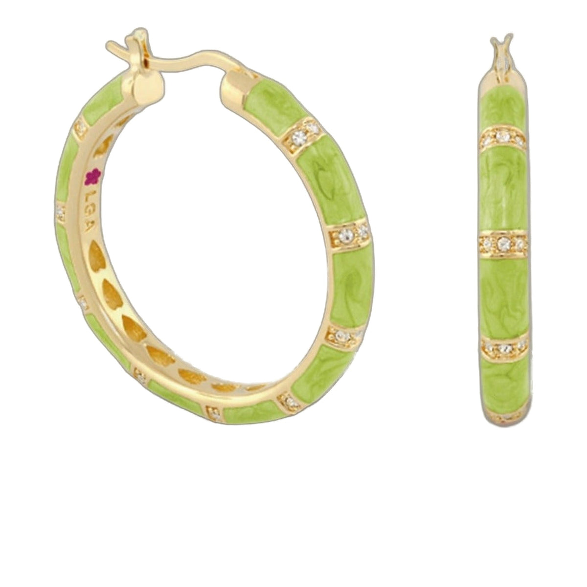 Santa Barbara Earrings by Lauren G Adams, lime green enamel hoops with gold trim and diamond accents on Tampa Home & Garden Store