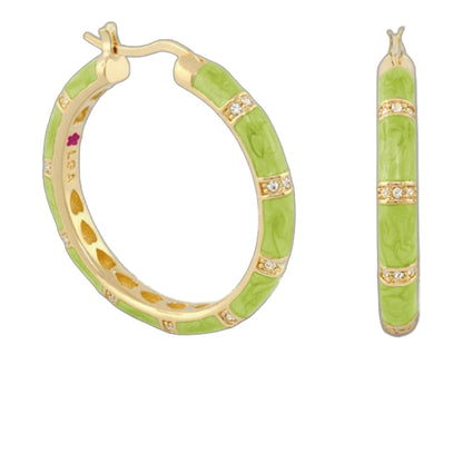Santa Barbara Earrings by Lauren G Adams, lime green enamel hoops with gold trim and diamond accents on Tampa Home & Garden Store