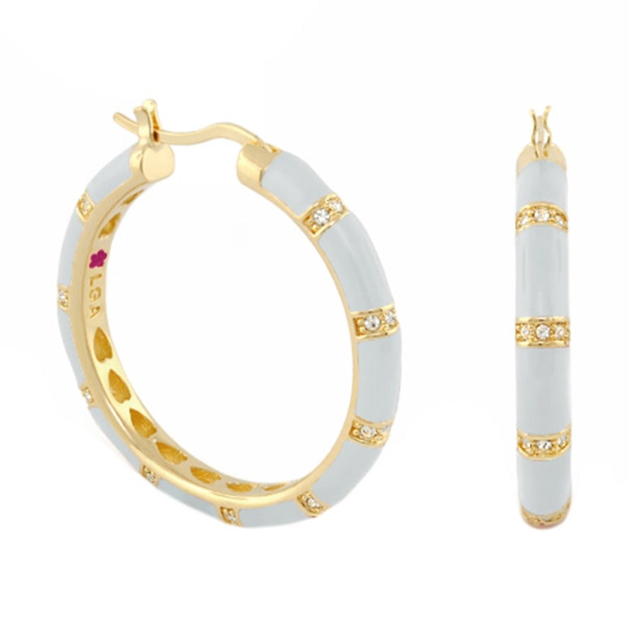 Santa Barbara earrings pair by Lauren G Adams, gold hoops with pale blue enamel & diamonds on Tampa Home & Garden Store