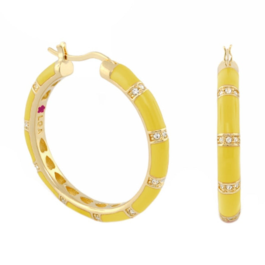 Santa Barbara Earrings by Lauren G Adams, yellow enamel hoop earrings with crystal bands on Tampa Home & Garden Store