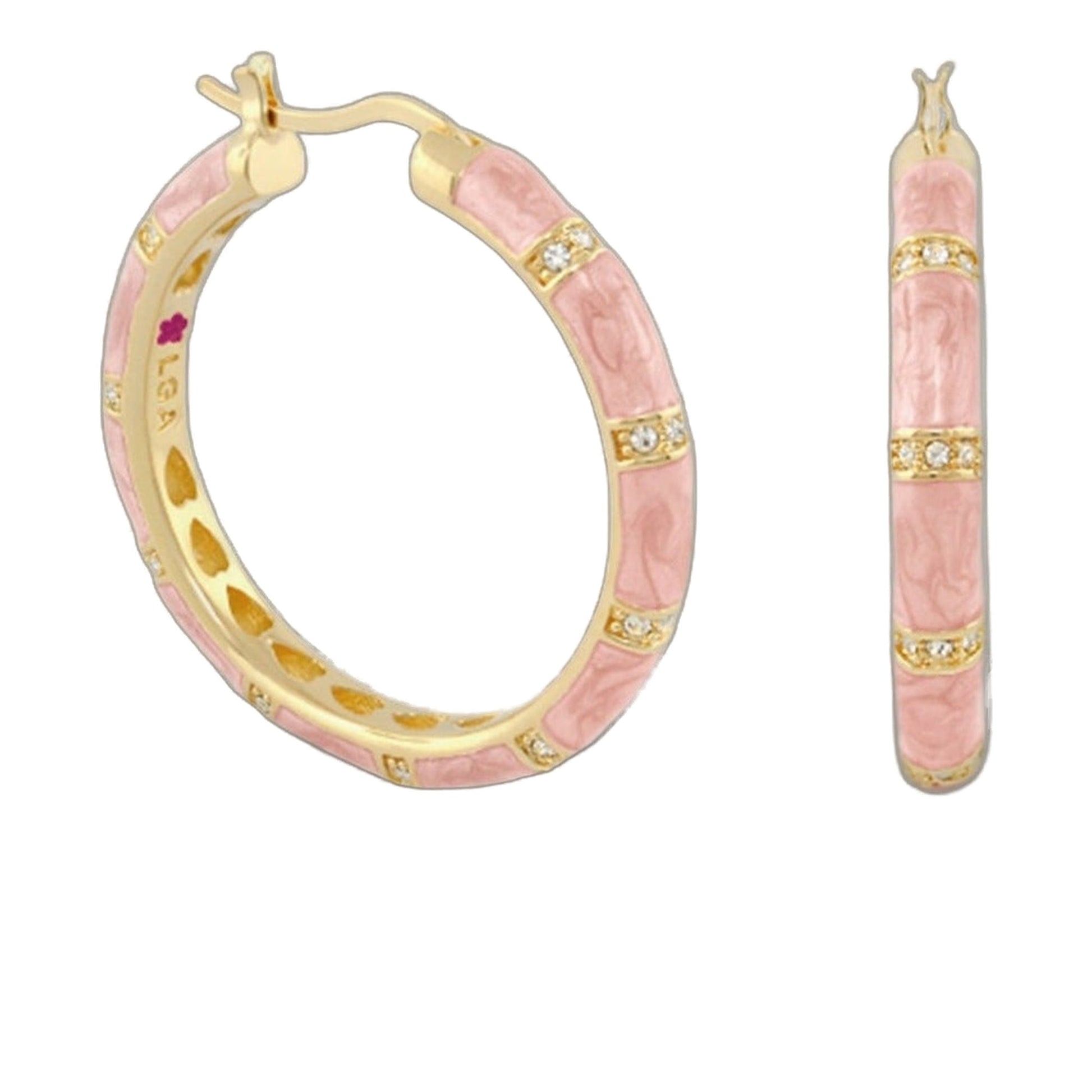 Santa Barbara Earrings by Lauren G Adams, pink marble enamel with gold bands and diamonds, hoop on Tampa Home & Garden Store