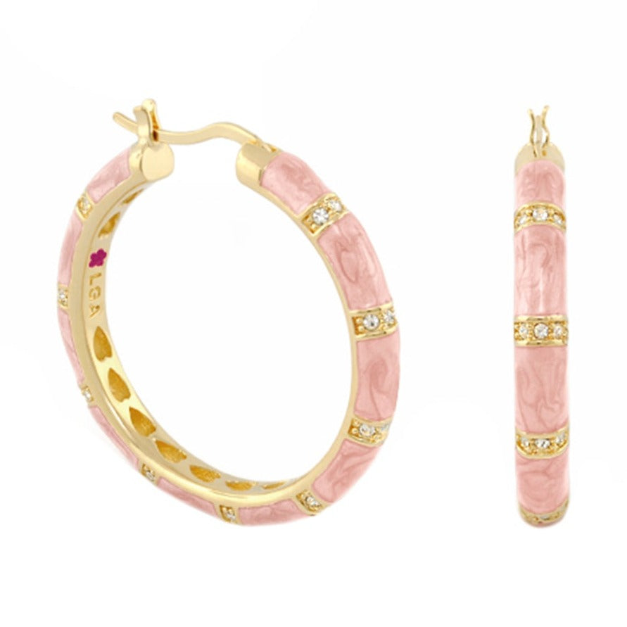 Santa Barbara Earrings pink marbled enamel hoops with gold-tone bands and crystals on Tampa Home & Garden Store
