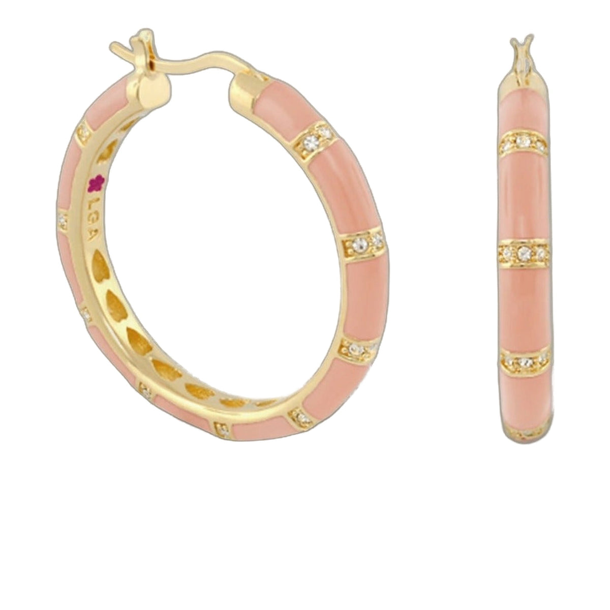 Santa Barbara earrings by Lauren G Adams, pink enamel hoop with gold bands and diamonds on Tampa Home & Garden Store