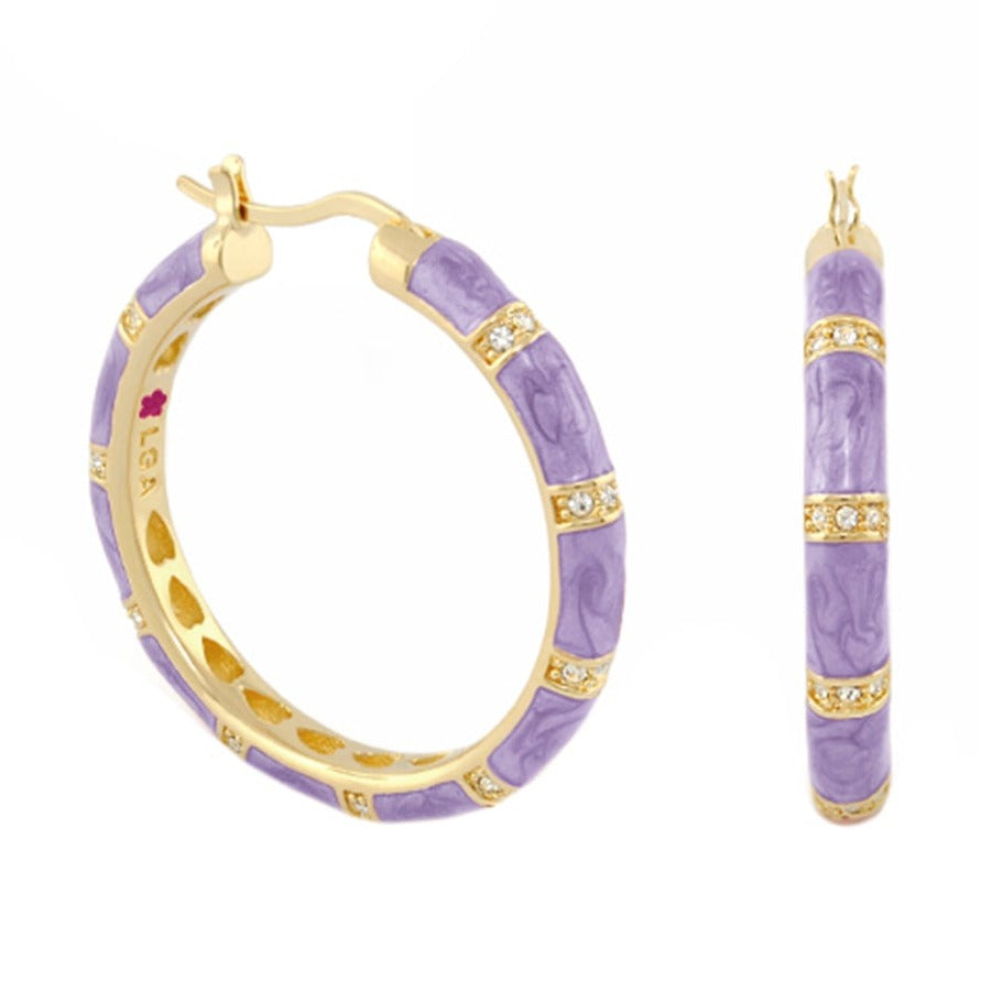 Santa Barbara Earrings by Lauren G Adams, purple marbled enamel hoops with gold bands on Tampa Home & Garden Store