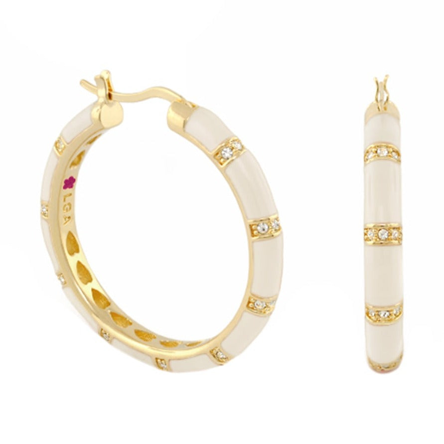 Santa Barbara Earrings by Lauren G Adams, white ceramic hoops with gold-tone bands and crystals on Tampa Home & Garden Store