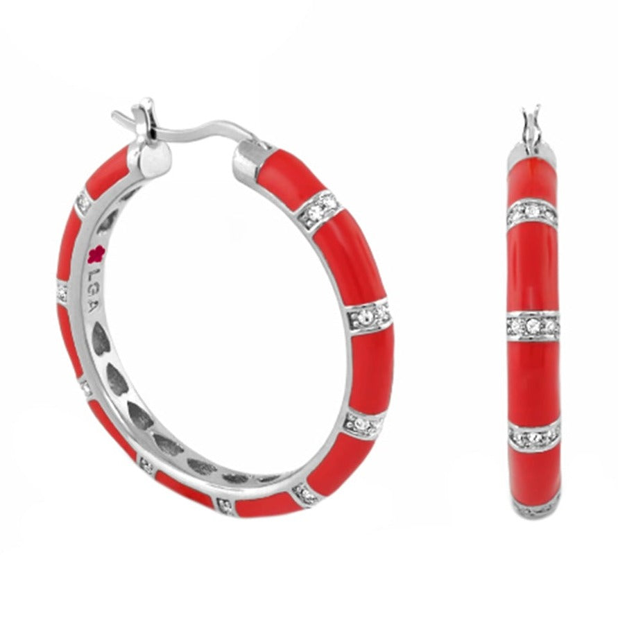 Santa Barbara earrings by Lauren G Adams: red enamel hoop and tube drop with crystal bands on Tampa Home & Garden Store