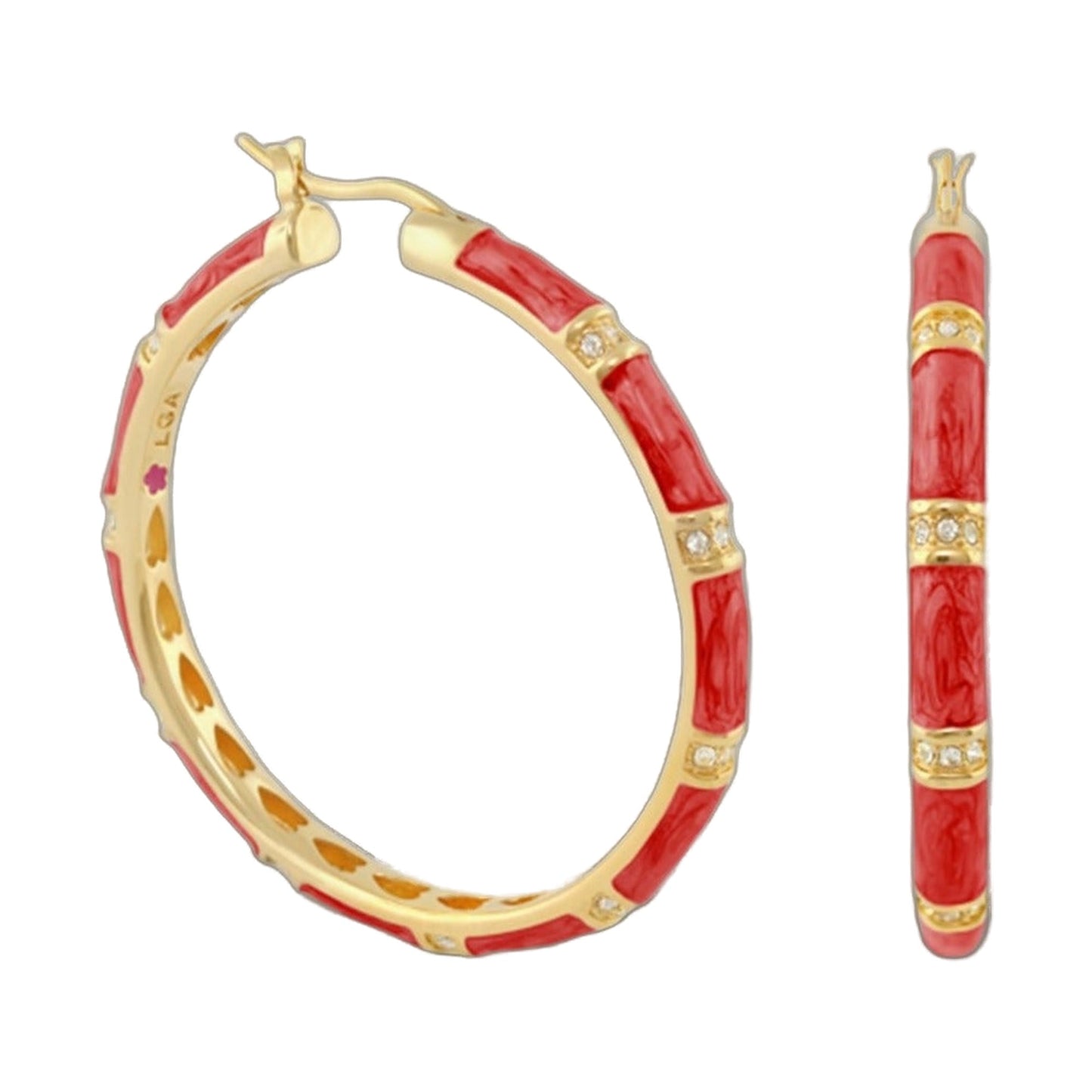 Santa Barbara Earrings by Lauren G Adams, gold-tone hoops with red enamel inlay and crystals on Tampa Home & Garden Store