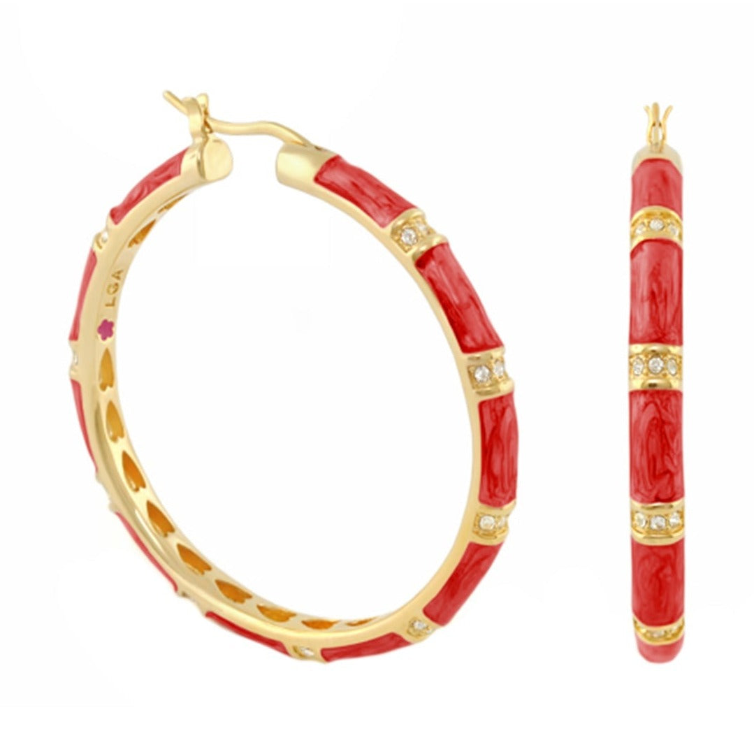 Santa Barbara Earrings set two-piece gold-tone hoop and bar earrings with red enamel crystals on Tampa Home & Garden Store