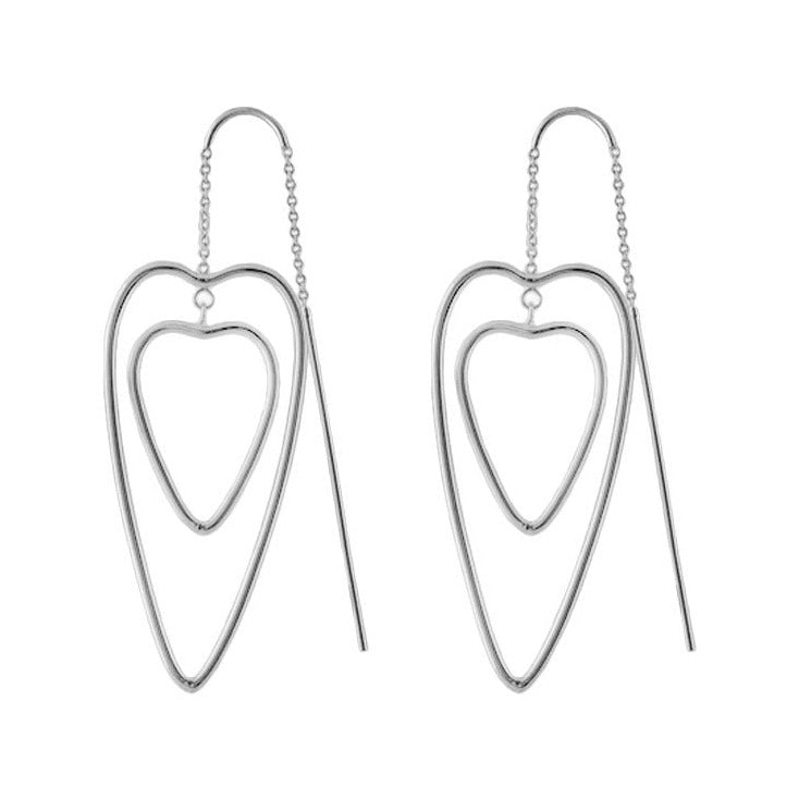 Socialite Threader Earrings by Lauren G Adams, silver-tone heart frames with chain threader, pair on Tampa Home & Garden Store