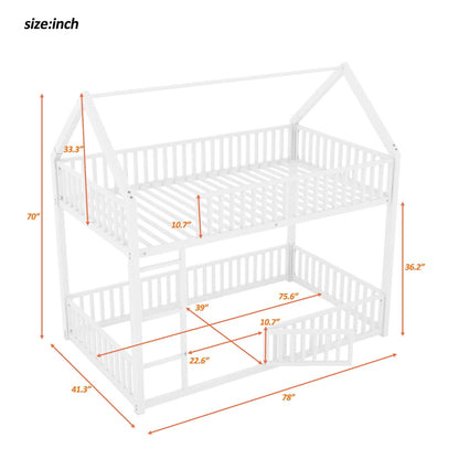 Metal House Bunk Bed with Fence and Door