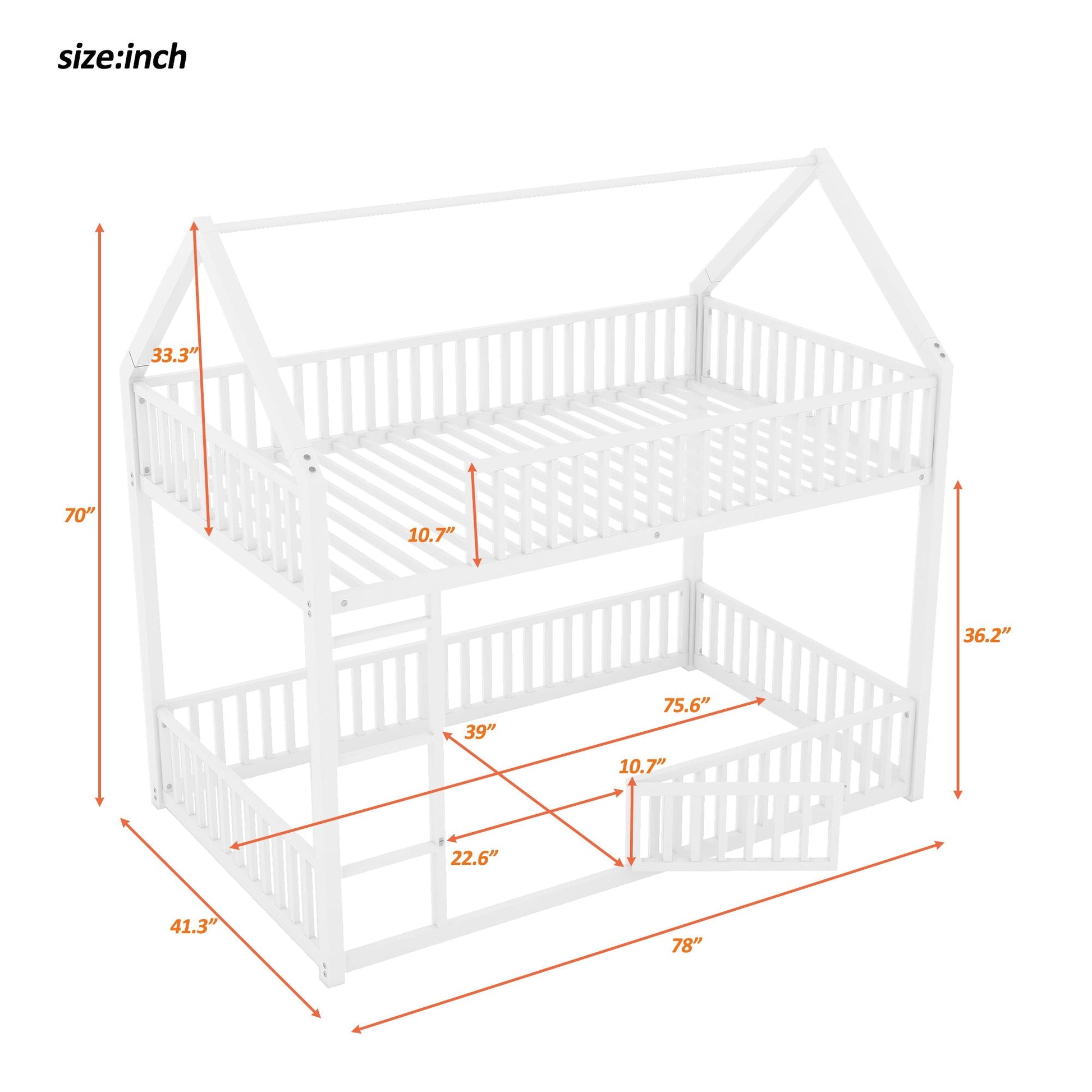 Metal bunk bed HouseOfZazla with fence rails and door, white finish, dual bunks on Tampa Home & Garden Store