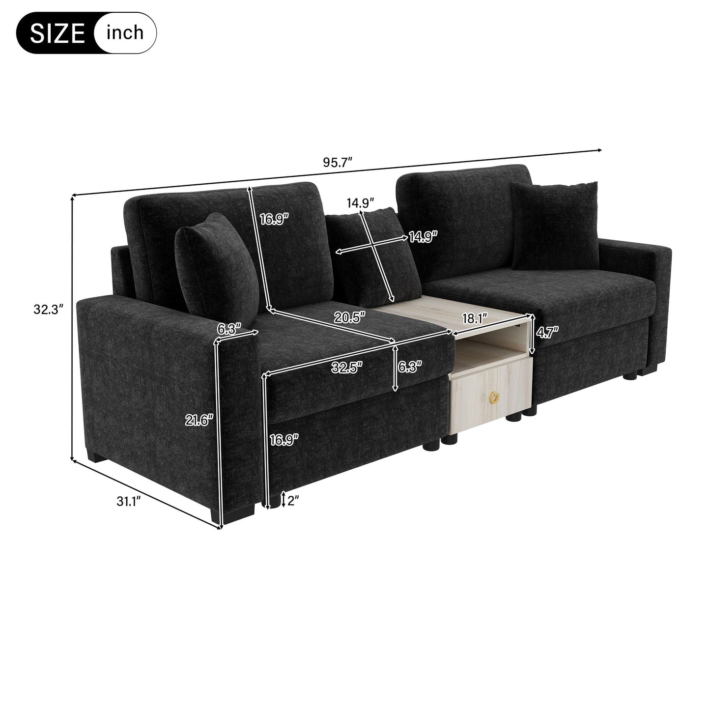 Modular sofa couch with storage armrest and center console in dark fabric by HouseOfZazla on Tampa Home & Garden Store