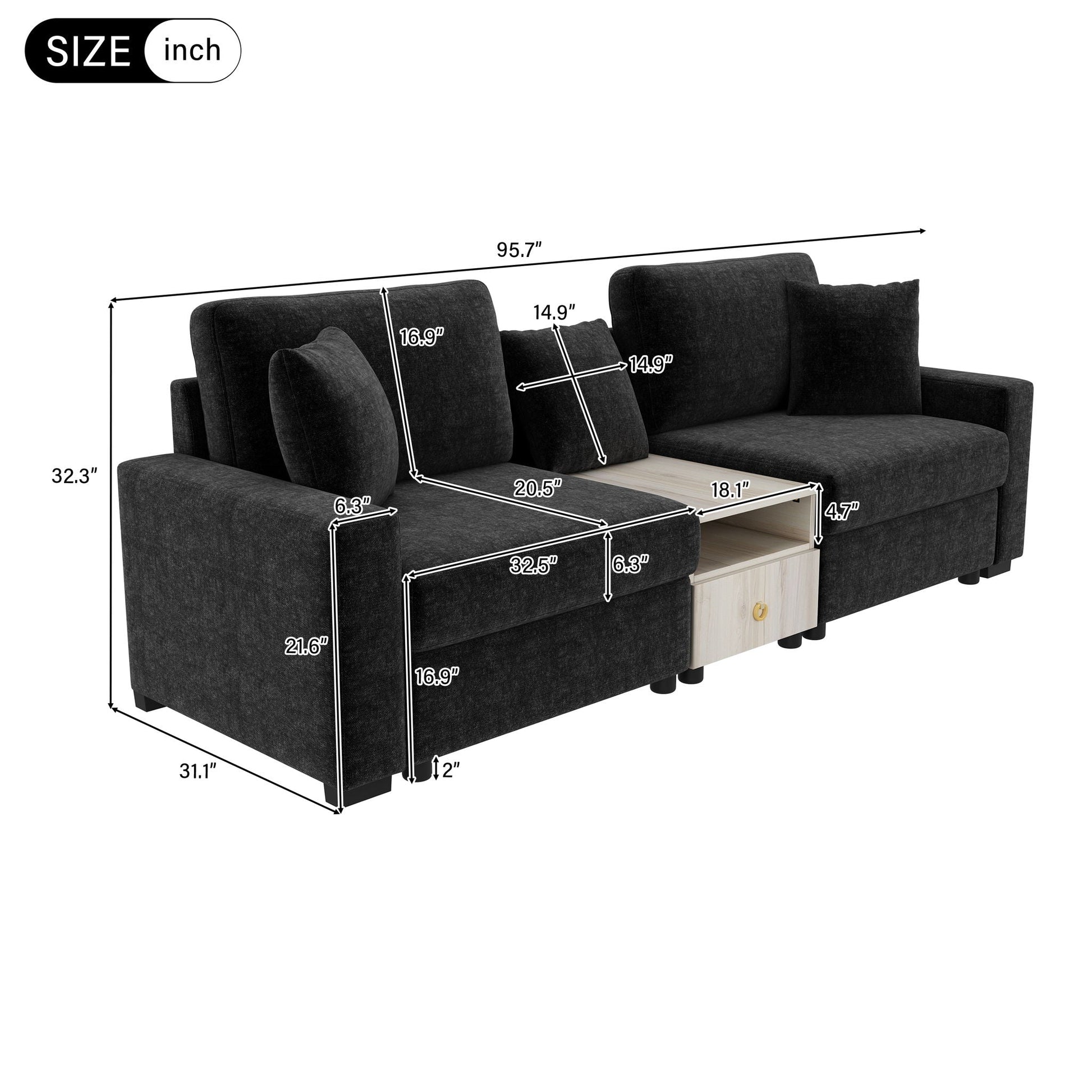 Modular sofa couch with storage armrest and center console in dark fabric by HouseOfZazla on Tampa Home & Garden Store