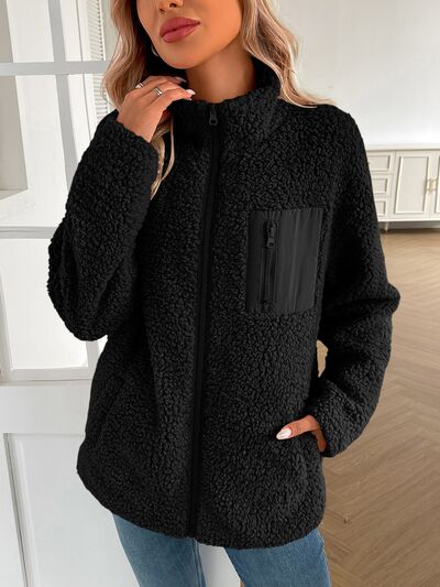 Winter Warm Zip Up Long Sleeve Jacket black fuzzy sherpa with chest zip pocket Stevvex on Tampa Home & Garden Store