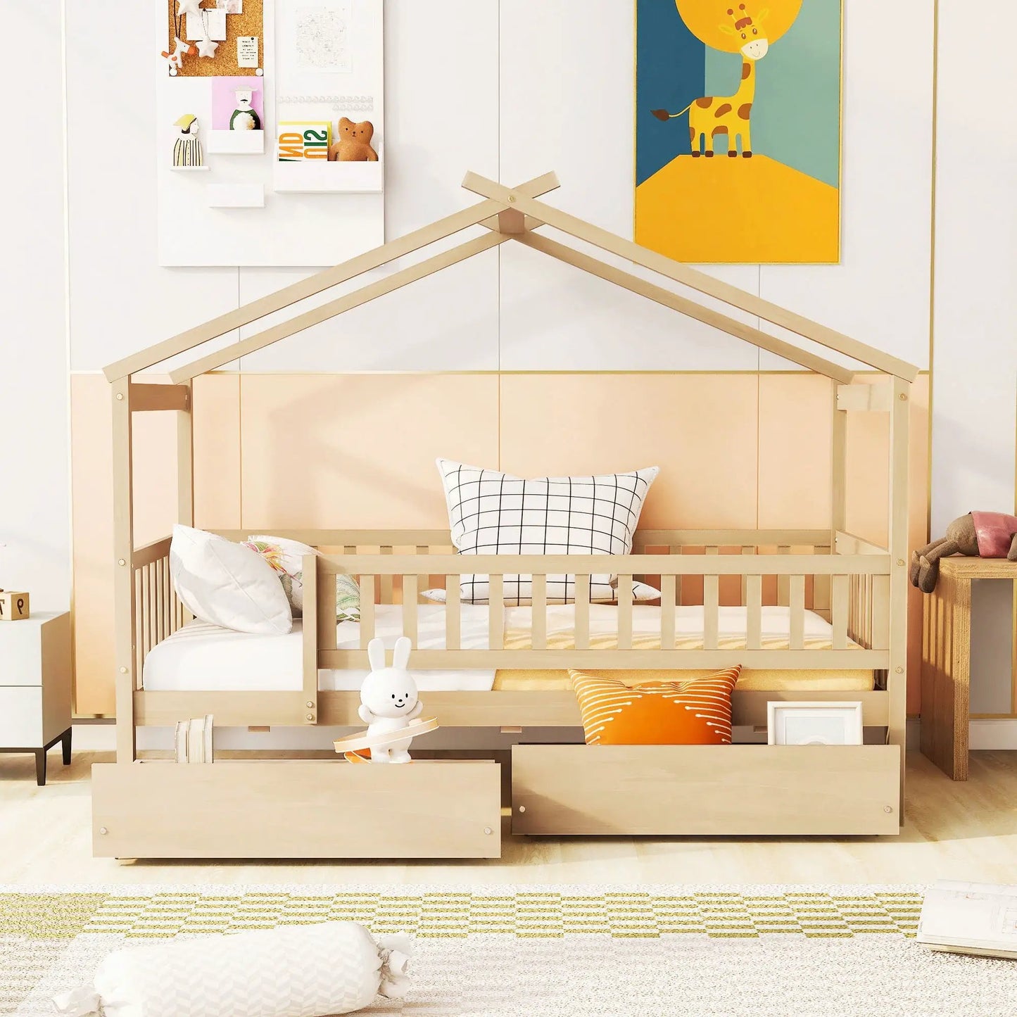 House Bed With 2 Drawers by Unique Piece Furniture in light wood with roof frame and drawers on Tampa Home & Garden Store