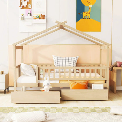House Bed With 2 Drawers by Unique Piece Furniture in light wood with roof frame and drawers on Tampa Home & Garden Store