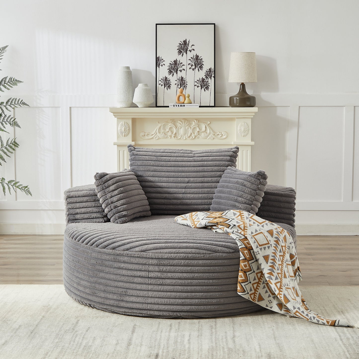 55' Corduroy Sponge Single Sofa in gray with ribbed texture and throw blanket on mantel on Tampa Home & Garden Store