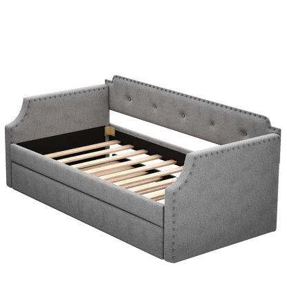 Upholstered Daybed With Trundle in gray fabric with nailhead trim and wooden slats HouseOfZazla on Tampa Home & Garden Store