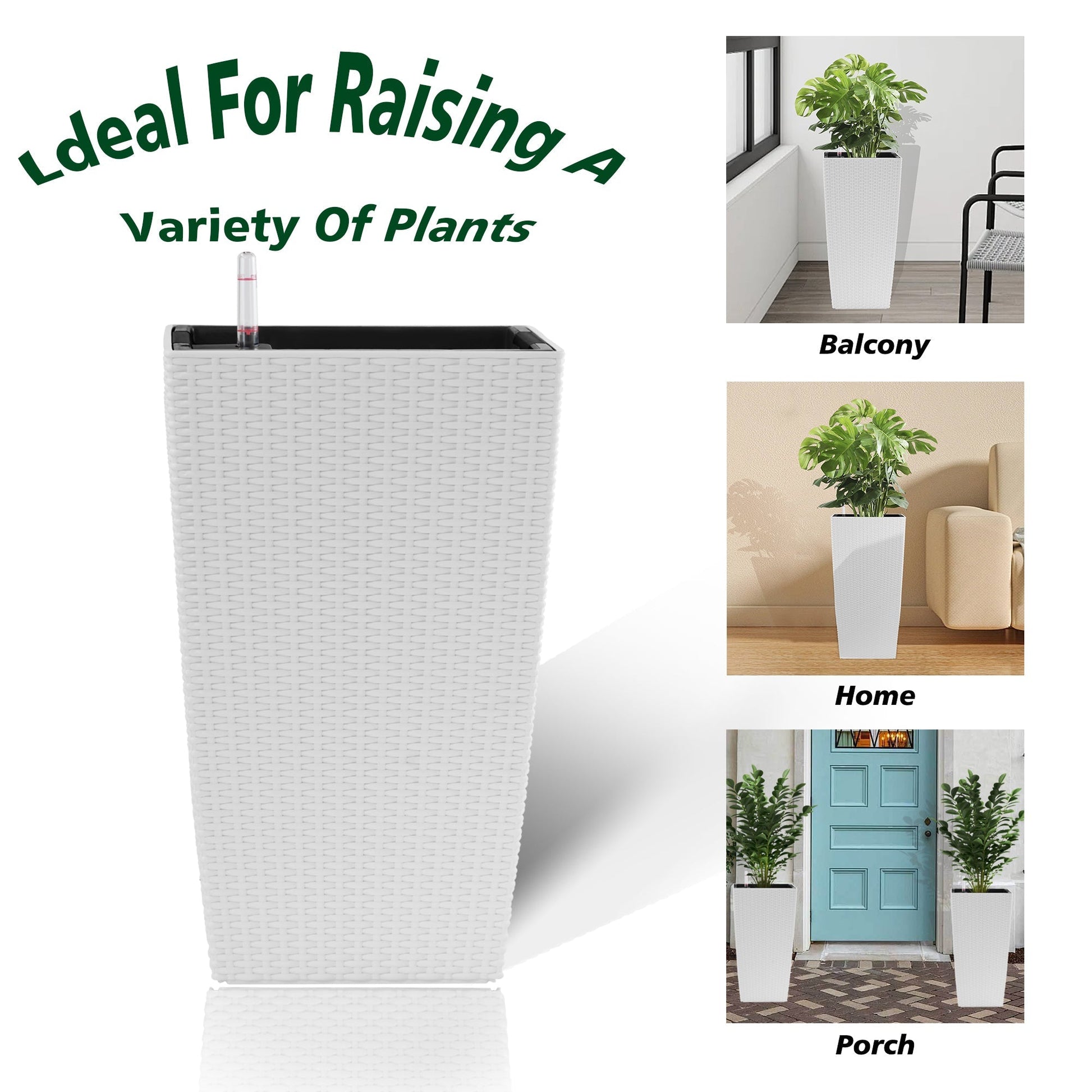 White faux rattan square planter 22.6in, 2-pack with auto-watering for indoor/outdoor use on Tampa Home & Garden Store