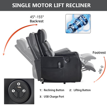 Black PU single-motor lift recliner chair by HouseOfZazla, USB charge port on Tampa Home & Garden Store