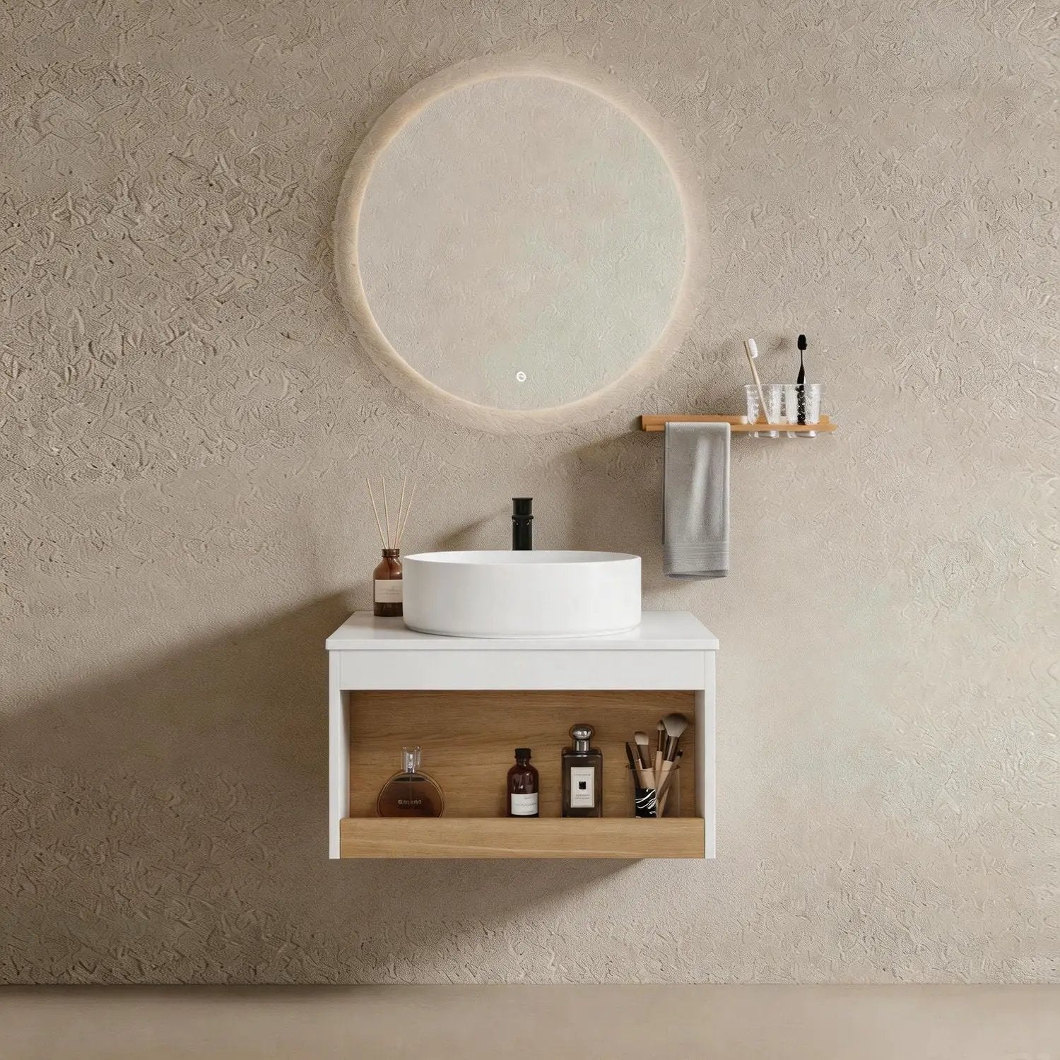 Floating white vanity with glossy round vessel sink, open wood shelf, wall-mounted towel rail on Tampa Home & Garden Store