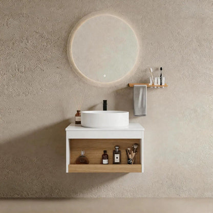 Floating white vanity with glossy round vessel sink, open wood shelf, wall-mounted towel rail on Tampa Home & Garden Store