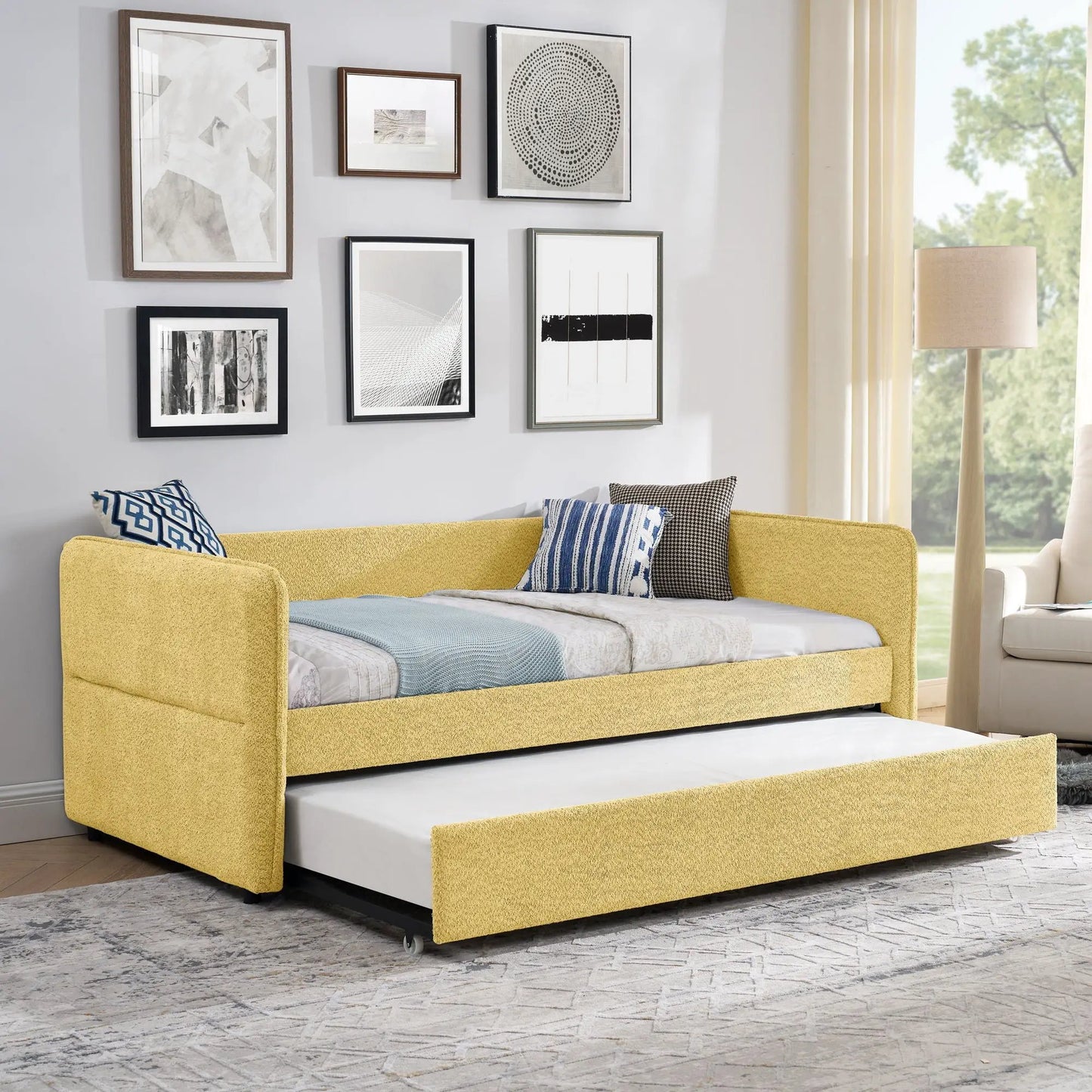 Upholstered daybed with pop-up trundle in yellow fabric by Unique Piece Furniture on Tampa Home & Garden Store