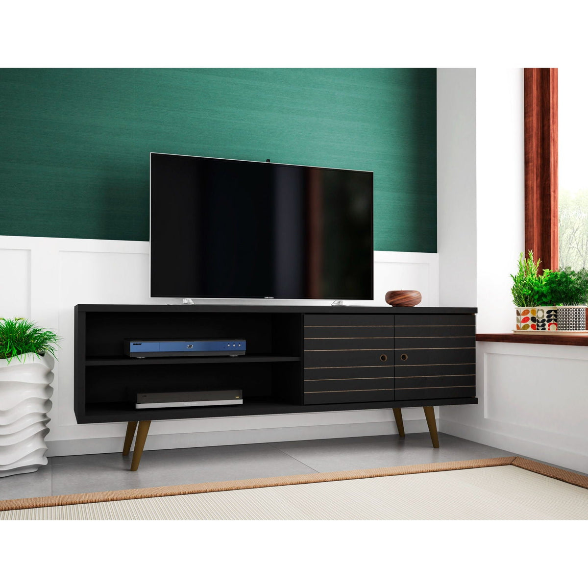 63in TV Stand with Solid Wood Legs and Hidden Storage in black finish by HouseOfZazla on Tampa Home & Garden Store