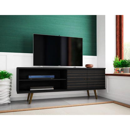 63in TV Stand with Solid Wood Legs and Hidden Storage in black finish by HouseOfZazla on Tampa Home & Garden Store
