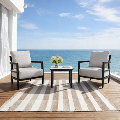 3-Piece Outdoor Patio Chat Set with Sunbrella cushions in beige, side table, black frames on Tampa Home & Garden Store