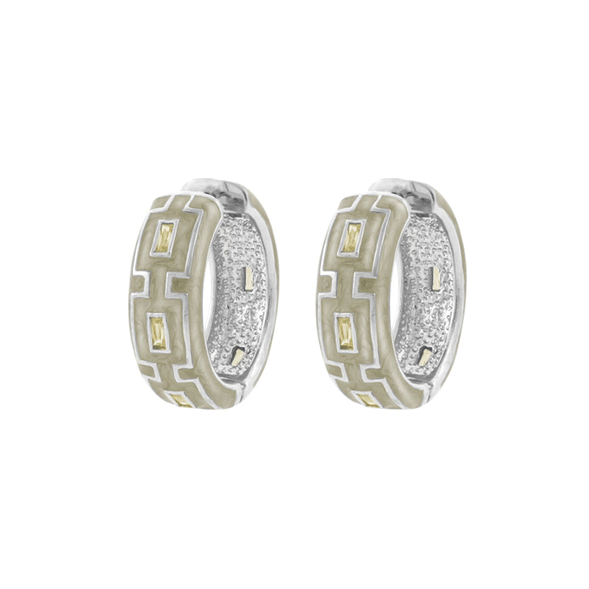Greek Key Hoop Earrings pair in two-tone gold and silver beige enamel motif and yellow stones on Tampa Home & Garden Store